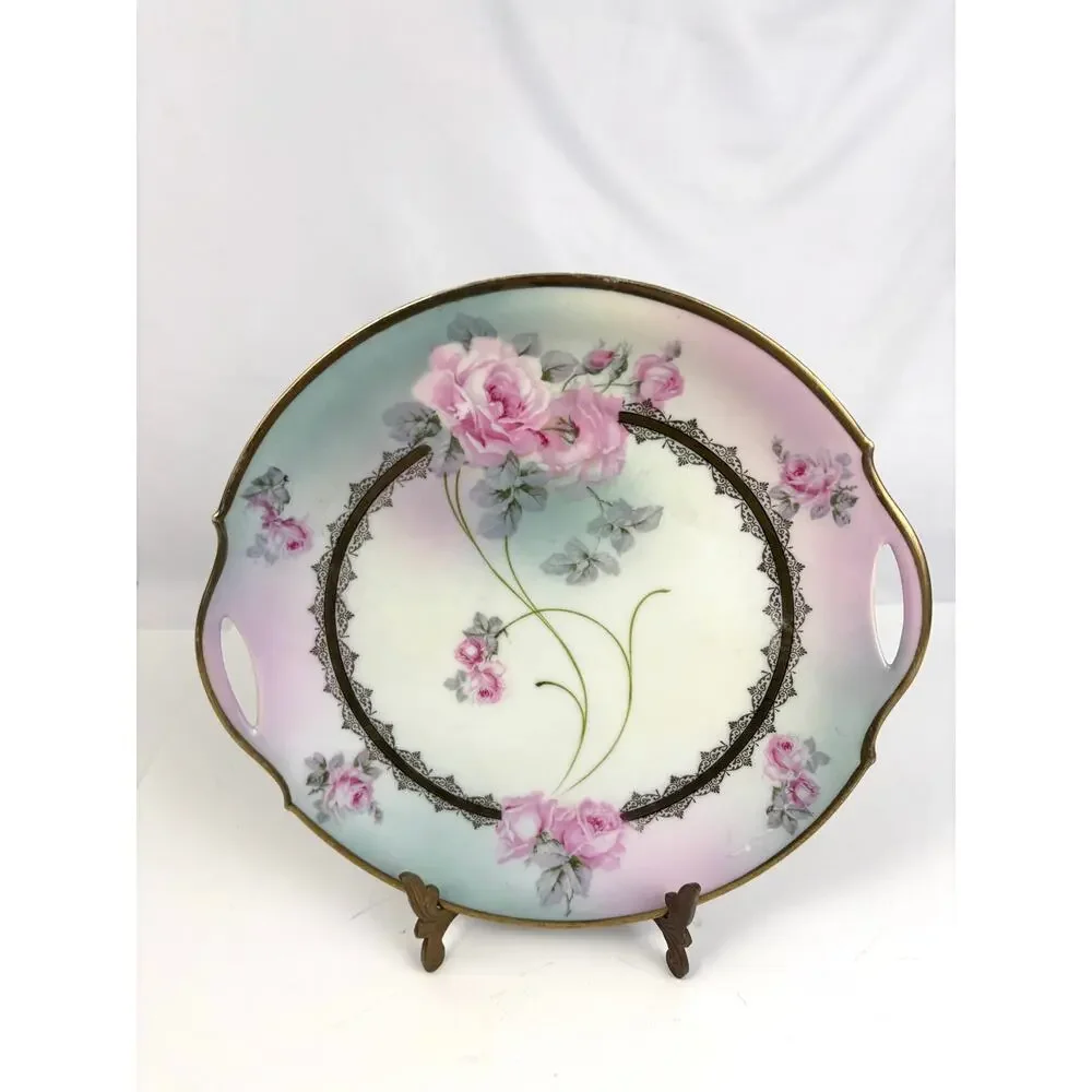 Antique Bavaria Germany Hand-Painted Porcelain Cake Plate Double‎ Handle Roses